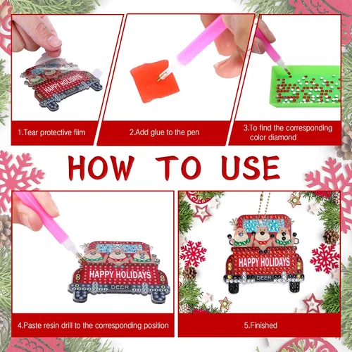 Miniatura 5 de AnyDesign 12 piezas de llavero de arte de diamantes de Navidad, hecho a mano, camión, Papá Noel, muñeco de nieve, pintura de gemas, colgante