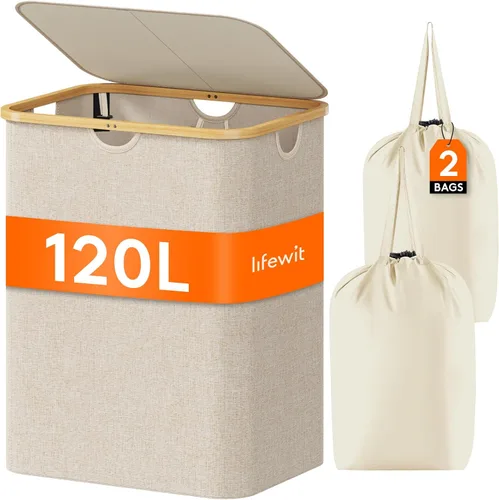 Miniatura 16 de Lifewit Cesta de ropa de 120L con tapa, cestas de ropa para lavandería con asas de bambú y una bolsa de lavandería extraíble, cesta plegable grande