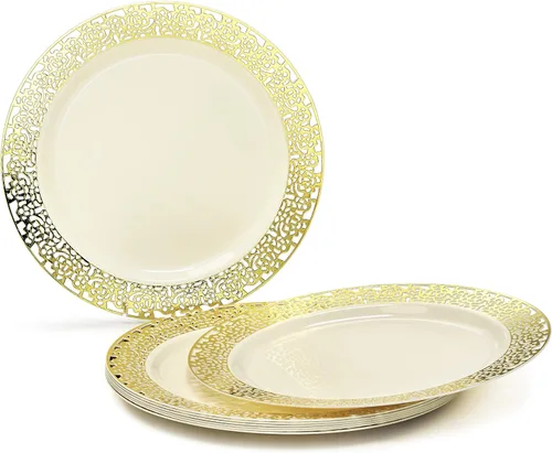 Miniatura 16 de OccasionS - Paquete de 100 platos (50 invitados) Juego de platos de plástico desechables de alta calidad para fiesta de boda, cena de 50 x 10.5
