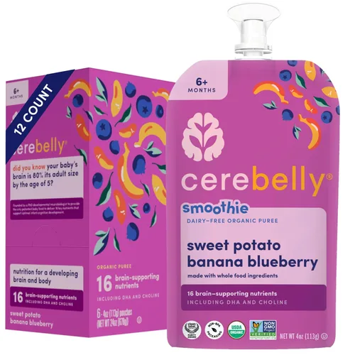 Miniatura 13 de Cerebelly Bolsas de comida orgánica para bebés, batidos de zanahoria morada y arándanos sin lácteos, 16 nutrientes, sin azúcar añadido, fibra y sin