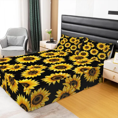 Miniatura 2 de Falda de cama individual de girasol, flores soleadas con esquinas divididas, faldas de cama bohemias florales amarillas, falda de cama para plantas