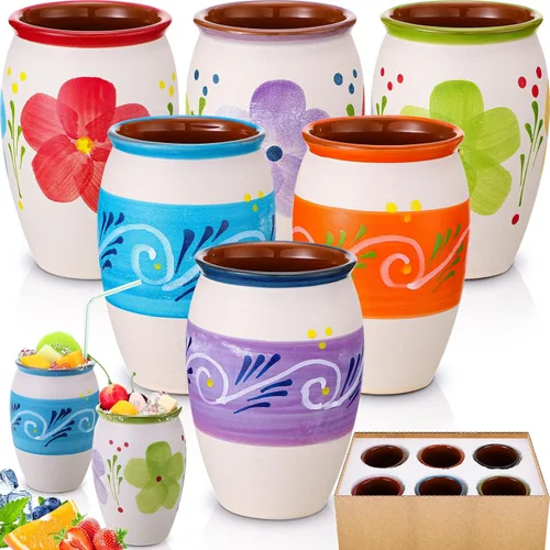 Gejoy Paquete de 6 Cantaritos de Barro Mexicanos de 12 oz Taza de Arcilla Mexicana Cerámica Fiesta De Barro Mexicanos Tazas de Cóctel Tazas de Café