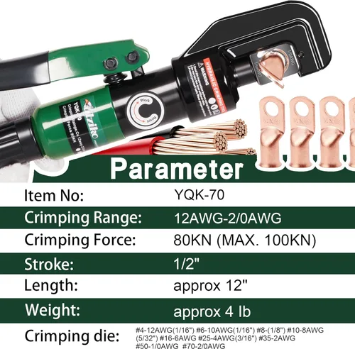 Miniatura 4 de Pinza Hidráulica para Lengüetas de Cable 10 TON USA 12 AWG a 00 (2/0) Kit de Herramienta de Alambre y Terminal de Cable Eléctrico con 9 Troqueles
