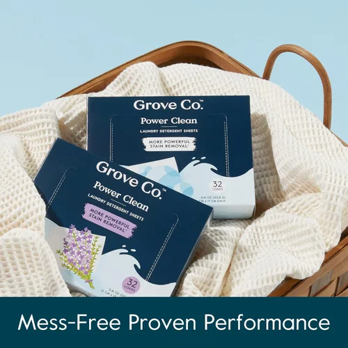 Miniatura 5 de Grove Co. Hojas de detergente para ropa, hojas de lavado de disolución Power Clean (paquete de 2 – 64 cargas), removedor de manchas resistente, sin