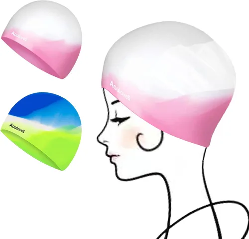 Miniatura 11 de Paquete de 2 gorros de natación para niños y niñas, unisex, de silicona, para niños de 4 a 12 años, ajuste cómodo para cabello largo y cabello corto