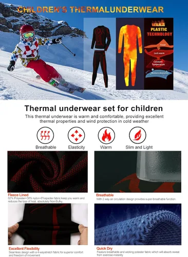 Miniatura 2 de MeetHoo Conjunto de ropa interior térmica para niños capa base de pantalones largos con forro polar para niños
