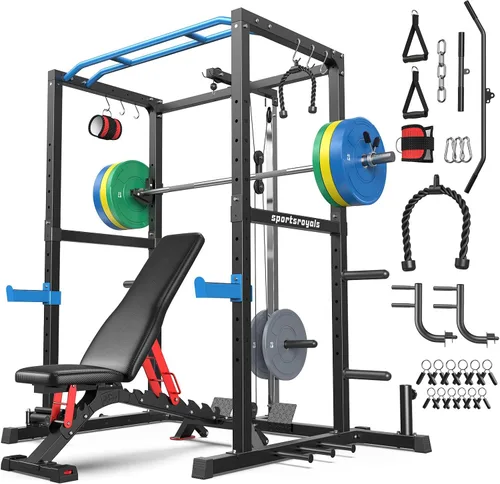 Miniatura 36 de Sportsroyals Jaula de Potencia, Rack de Potencia Multifuncional de 1600 libras con Sistema de Cruce de Cable Ajustable y Más Accesorios de Azul