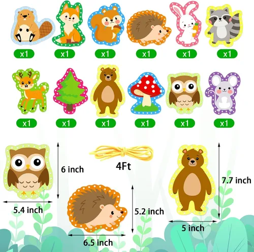 Miniatura 3 de Omlisca Tarjetas con cordones de animales del bosque para niños, paquete de 12 tarjetas de costura de animales del bosque, búho, zorro, oso, bosque