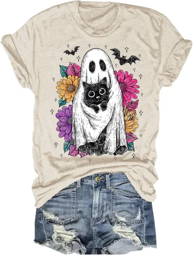 Miniatura 30 de Woffccrd - Camisetas divertidas con estampado de calabaza y leopardo para mujer, camisetas gráficas de manga corta de Halloween para mujer