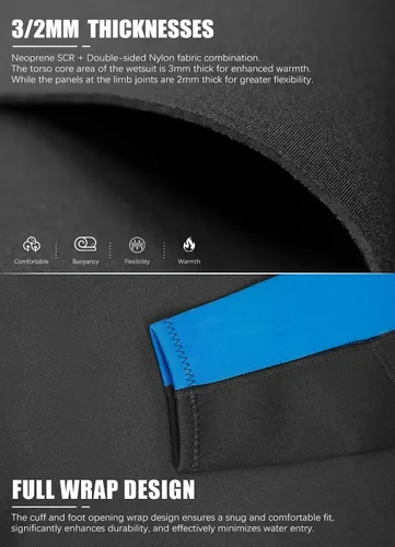 Miniatura 4 de Hevto - Traje de neopreno de 3/2 mm para hombre, cremallera frontal, traje corto completo para aguas frías, para natación, surf, buceo
