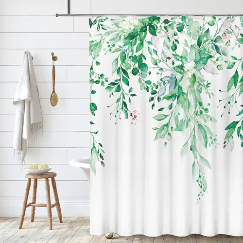 Miniatura 3 de Tititex - Juego de cortinas de regadera de eucalipto verde esmeralda, hojas de acuarela en la parte superior, decoración floral de baño, 72 x 72