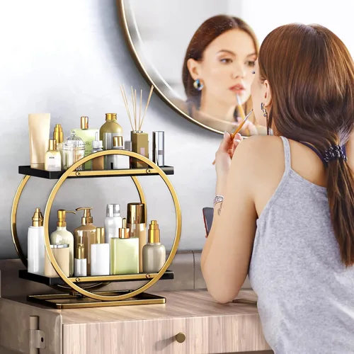 Miniatura 4 de Organizador de Maquillaje para Tocador, Organizador de Perfumes Negro Dorado para Cómoda, Organizadores de Encimera de Baño de 2 Niveles, Estante
