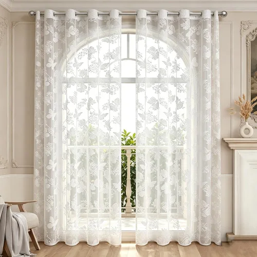 Cortinas traslúcidas de encaje blanco bordadas con mariposas y flores vintage, elegantes decoraciones de habitación de boda, cenefa de gasa de tul