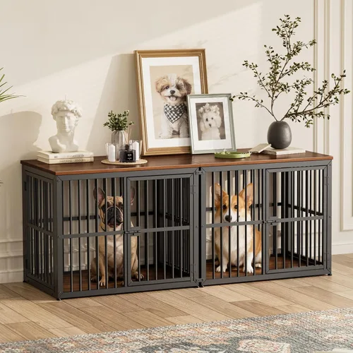 Miniatura 14 de Lyromix 94.48'' Mueble de jaula para perros de raza grande con soporte para TV de dos habitaciones, mesa auxiliar de jaula para perros de madera