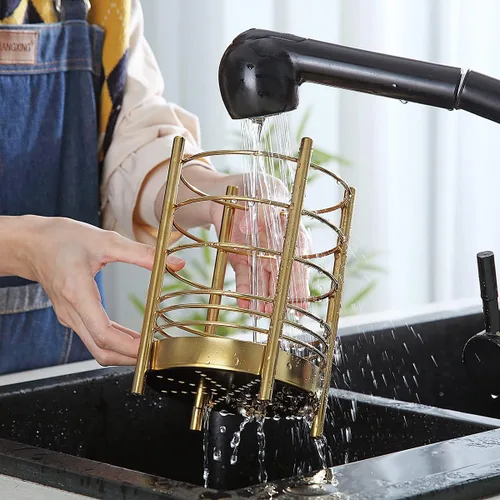 Miniatura 6 de Soporte dorado para utensilios de cocina para encimera de cocina, utensilios de acero inoxidable, revestimiento de titanio dorado, organizador de 3.