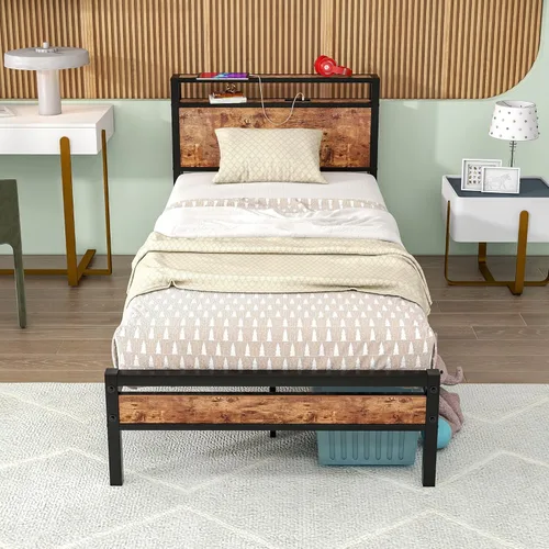 Miniatura 11 de HOJINLINERO Base de cama individual con cabecera de almacenamiento, plataforma de metal con estación de carga, no necesita somier, soporte de Roble
