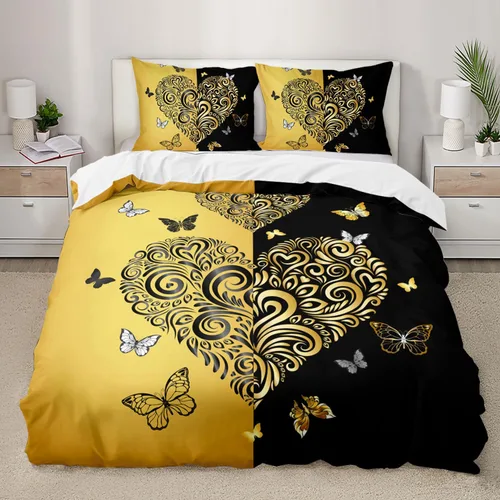 Miniatura 13 de AILONEN - Juego de funda de edredón tamaño individual, diseño de corazones para parejas, juego de ropa de cama rojo y negro, diseño "Yo y tú", juego