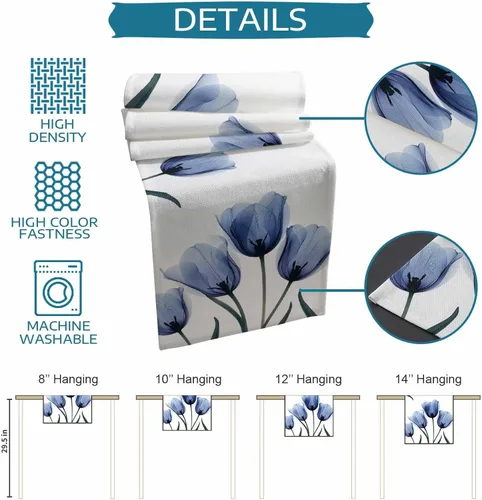 Miniatura 7 de Camino de mesa floral de tulipán azul, algodón y lino, pequeñas bufandas de 36 pulgadas, diseño rústico de flores para cocina, café, mesa