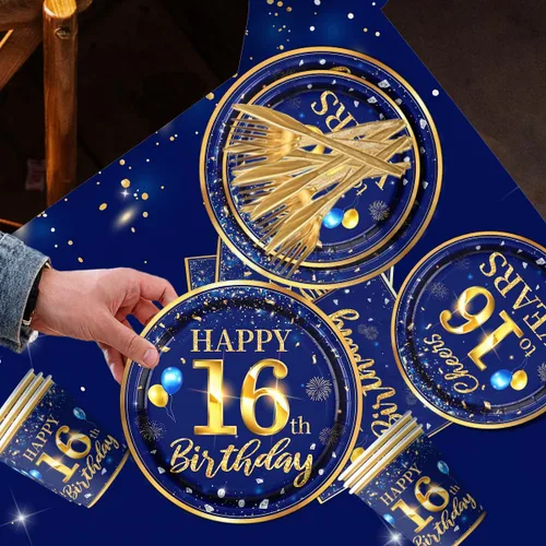 Miniatura 5 de Decoración de cumpleaños número 16 para hombres - Juego de 142 piezas de vajilla azul marino y dorada para cumpleaños (sirve para 20) Incluye