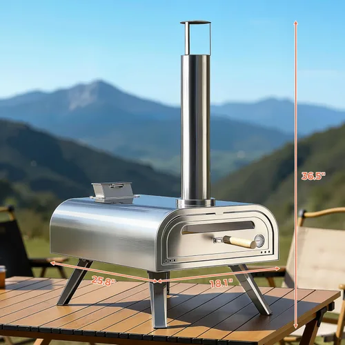 Miniatura 10 de BIG HORN OUTDOORS 16" Horno de piedra para pizza con leña, cocinador de pizza al aire libre de acero inoxidable 1112°F, portátil