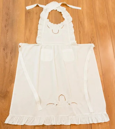 Miniatura 4 de Minhcraft Delantal de algodón blanco con bordado de flores hermosas volantes de longitud completa babero delantal de las mujeres, Blanco
