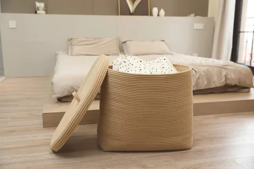 Miniatura 7 de Canasta de almacenamiento rectangular extragrande de 22"x14"x18" con tapa, gran canasta de cuerda de algodón, canasta de lavandería tejida
