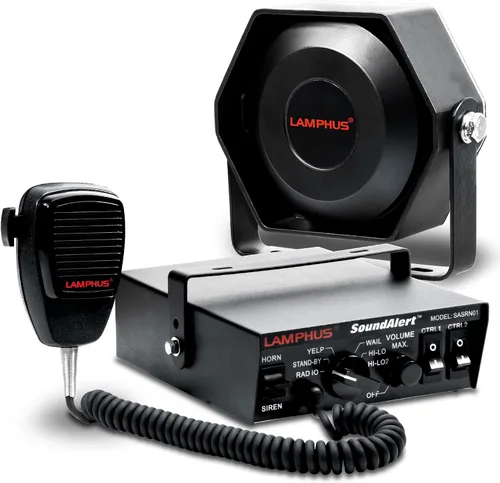 Kit de sistema de sirena de policía LAMPHUS SoundAlert 12V 100W [Altavoz delgado] [118-124dB] [Micrófono de mano] [Sin manos] Sirena de advertencia
