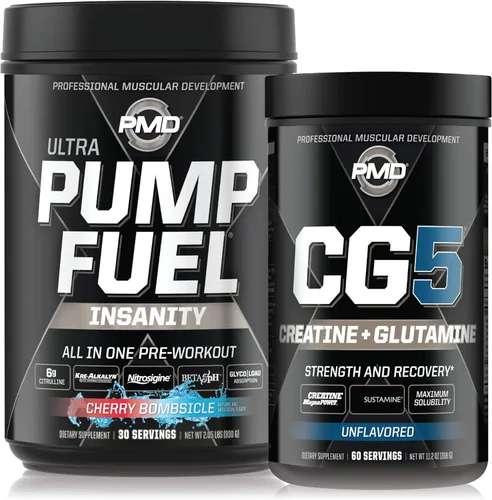 PMD Sports Ultra Pump Fuel Insanity - Pre entrenamiento - Cherry Bombsicle (30 porciones) Sports CG5 Premium Creatina y L-Glutamina en polvo (60