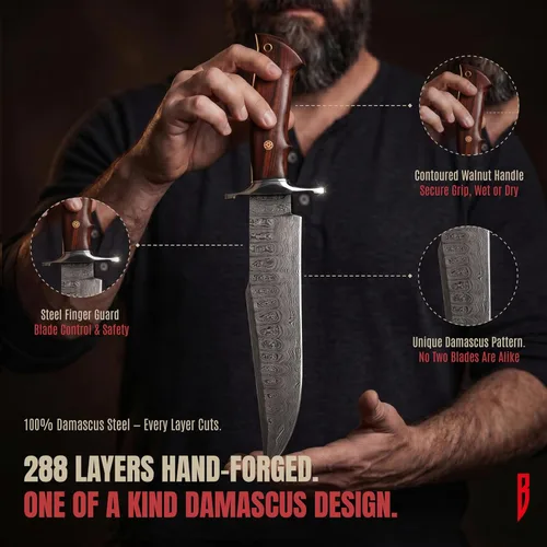 Miniatura 3 de BIGCAT ROAR Raptor - Cuchillo de caza hecho a mano de acero de Damasco con hoja fija de 13.2 pulgadas, mango de madera de nogal y funda de cuero