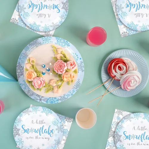 Miniatura 6 de 100 piezas de suministros de fiesta de copo de nieve de invierno, platos de papel y servilletas con tazas, juego de 25 platos azules para baby