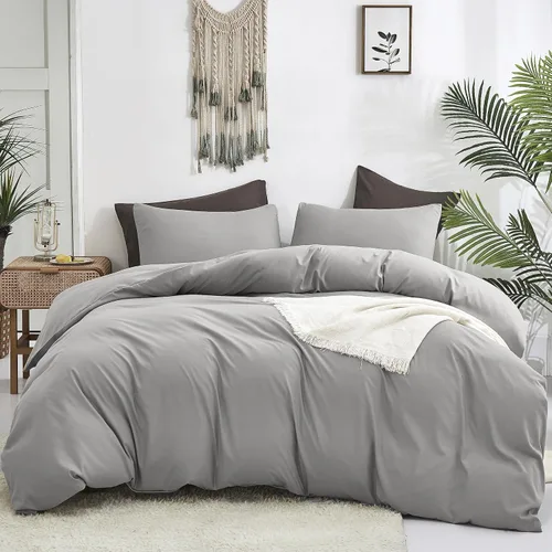 Cottonight - Juego de edredón, mullido, unicolor, transpirable, unisex, matrimonial, gris plata o claro 1-plata gris