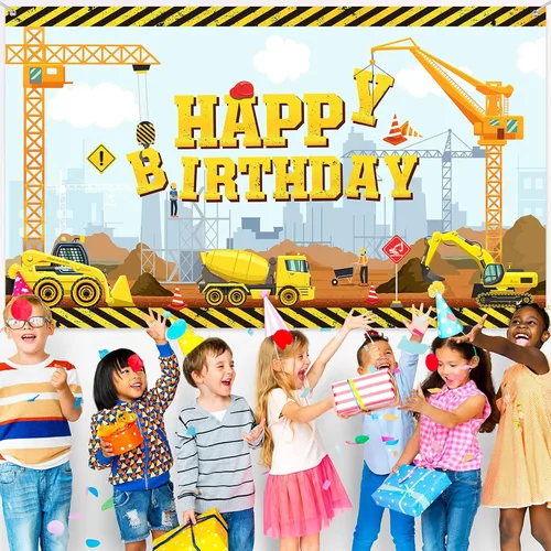 Miniatura 4 de Irenare Fondo de construcción feliz cumpleaños camión volquete fondo excavadora grúa fiesta de cumpleaños banner excavadora excavadora camión fondo