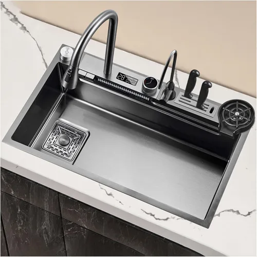 Miniatura 9 de Fregadero de cascada volador con pantalla digital, fregadero de cocina, fregadero de barra de acero inoxidable 304, con lavabos de copa, instalación
