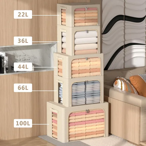 Miniatura 4 de Paquete de 3 cajas de almacenamiento con marco, bolsas de almacenamiento de ropa, tela Oxford, plegable, apilable, juego organizador con ventana