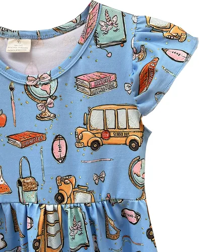 Miniatura 14 de Vestidos de regreso a la escuela para niñas pequeñas: manzana, lápices, ratón de biblioteca, autobús escolar, pegamento, telurión, pizarra arcoíris