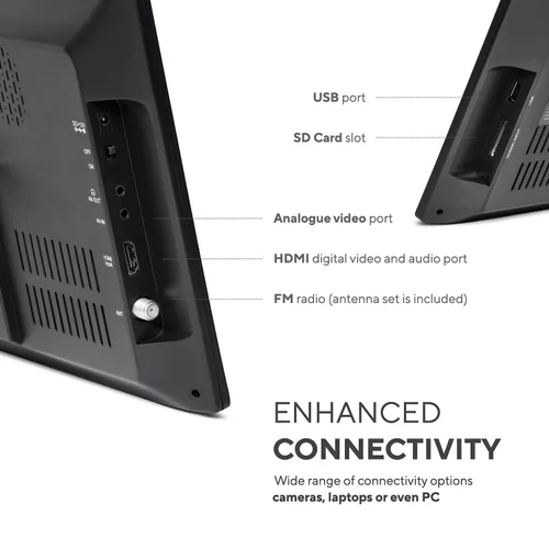 Miniatura 3 de Tyler 13" Monitor LCD de TV portátil con batería, capacidad inalámbrica, HD-TV, HDMI, ranura para tarjeta SD, USB, RCA, AC/DC, radio FM, cargador
