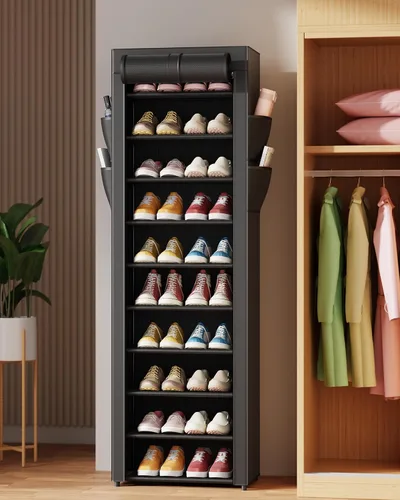 Miniatura 8 de Kitsure Zapatero – Estante organizador de zapatos de gran capacidad de 10 niveles con cubierta antipolvo y bolsillos laterales, zapatero de metal a