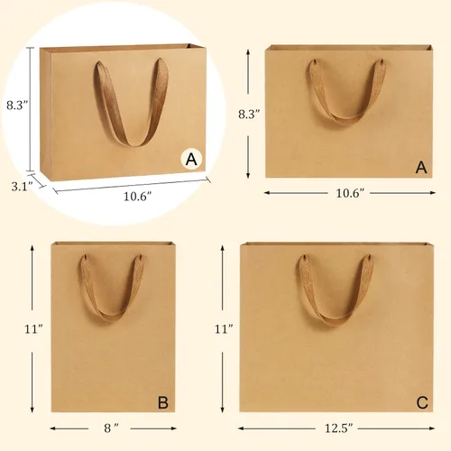 Miniatura 2 de BagDream Bolsas de papel de regalo de 10.6 x 3.1 x 8.3 pulgadas, 50 bolsas de papel kraft marrón resistente con asas de tela suave, bolsas