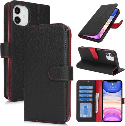 Miniatura 106 de Zouzt Funda para iPhone 11 de 6.1 pulgadas de piel auténtica con 4 ranuras para tarjetas, tarjetero con bloqueo RFID, tapa magnética, función atril