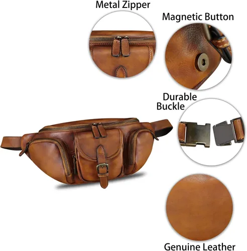 Miniatura 6 de Riñonera de cuero genuino para hombres y mujeres, bolso bandolera de cuero real, bolso cruzado de moda, bolso de cintura de moda, Marrón, Riñonera