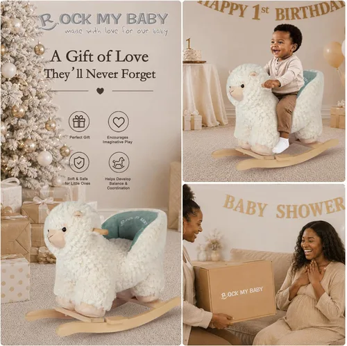 Miniatura 7 de Rock My Baby Caballo de madera con asiento para bebé, alpaca y llama, peluche con asiento para bebés de 1 a 3 años, juguete de balanceo de madera