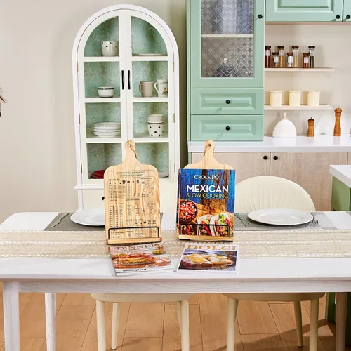 Miniatura 7 de Housejoy Soporte de madera para libros de cocina con 2 delantales, soporte ajustable para encimera de cocina, soporte de madera resistente con tabla