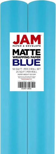 Miniatura 4 de JAM Paper Envoltura de regalo mate – 50 pies cuadrados en total (30 pulgadas x 10 pies cada uno) – Azul brillante mate/Azul pavo real – 2 rollos por