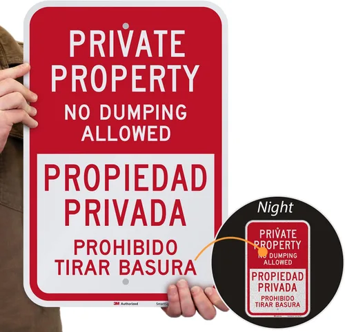 Miniatura 2 de SmartSign Letrero de metal bilingüe con texto en inglés "Private Property - No Dumping Allowed, Prohibido Tirar Basura" de 18 x 12 pulgadas