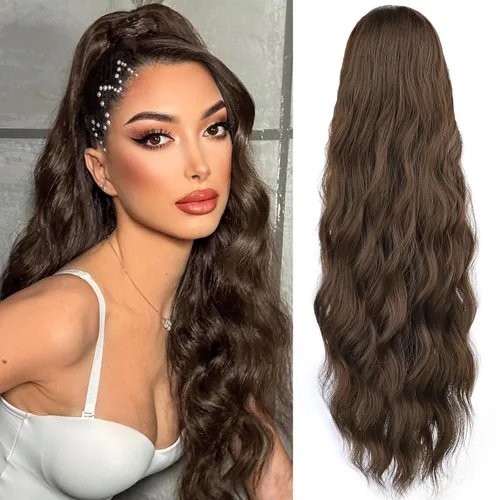 Miniatura 11 de FREEMEIGE Extensiones de cola de caballo largas onduladas con cordón para mujeres, extensiones de cabello con clip para cola de caballo, mezcla