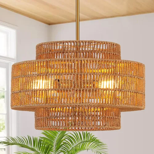 Lámpara de araña bohemia de ratán de 17.7 pulgadas, lámpara de tambor dorada tejida a mano con 4 luces, lámpara de granja para comedor, dormitorio,