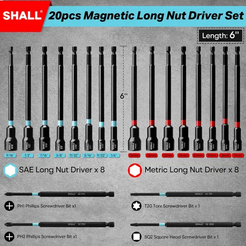 Miniatura 2 de SHALL Juego de 20 piezas de destornilladores magnéticos, destornilladores de 6" de largo para taladro de impacto, destornillador de tuerca de 1/4