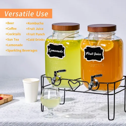 Miniatura 5 de Paquete de 2 dispensadores de bebidas de vidrio de 1 galón con soporte, tapas de bambú e infusor de frutas, espita a prueba de fugas de acero Marrón