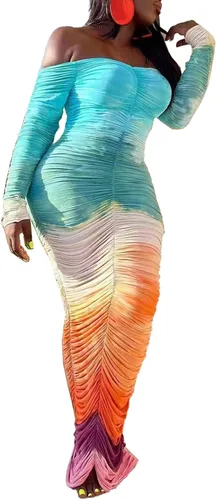 YOOTIKO Vestido ajustado fruncido para mujer, con hombros descubiertos, teñido anudado, manga larga, sexy, sin espalda, para club, fiesta, vestido