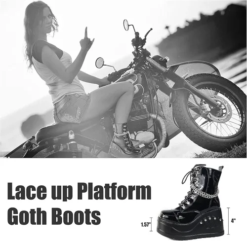 Miniatura 2 de Erocalli Botas de plataforma góticas para mujer con cordones con cadena botines cortos con tachuelas